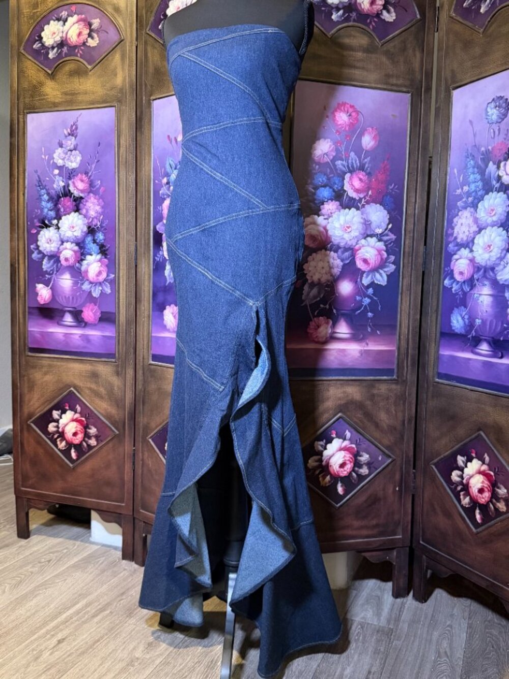 MISS8 Strapless Denim Mermaid Maxi Dress Size S Fishtail Ruffle Slit NWT